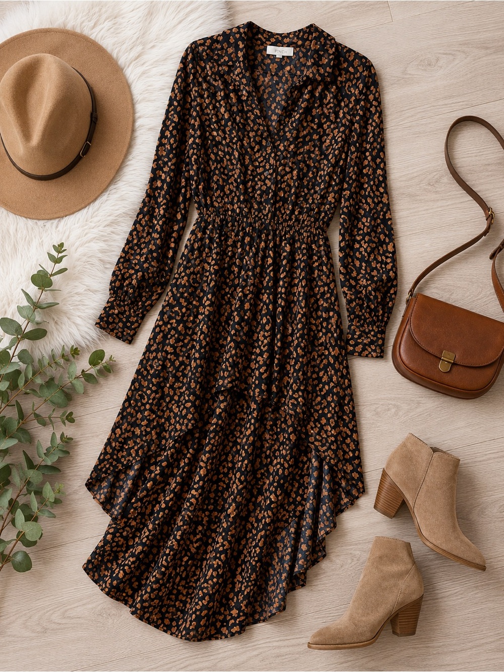 Pinch Leopard Print‎ High-Low Shirt Dress Size Small Long Sleeve Animal Print